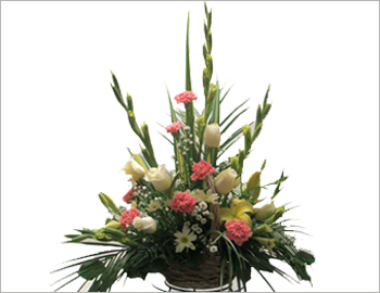Small Round Basket of Roses Asters and Glads; A gorgeous round arrangement of a variety of flowers - roses, asters and gladioli in various shades with golden rods used as an attractive filler - the perfect gift for someone you love.